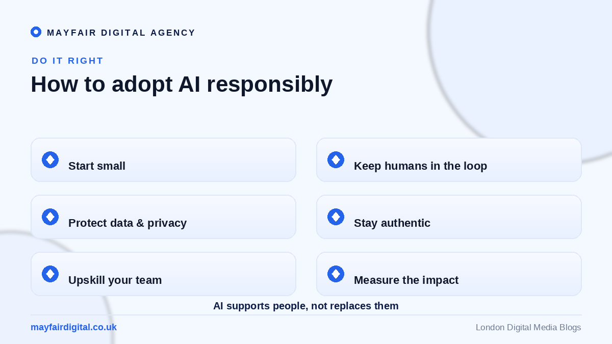 The Role of Artificial Intelligence in Digital Media Opportunities and Challenges How to adopt AI responsibly: start small, keep humans in the loop, protect data