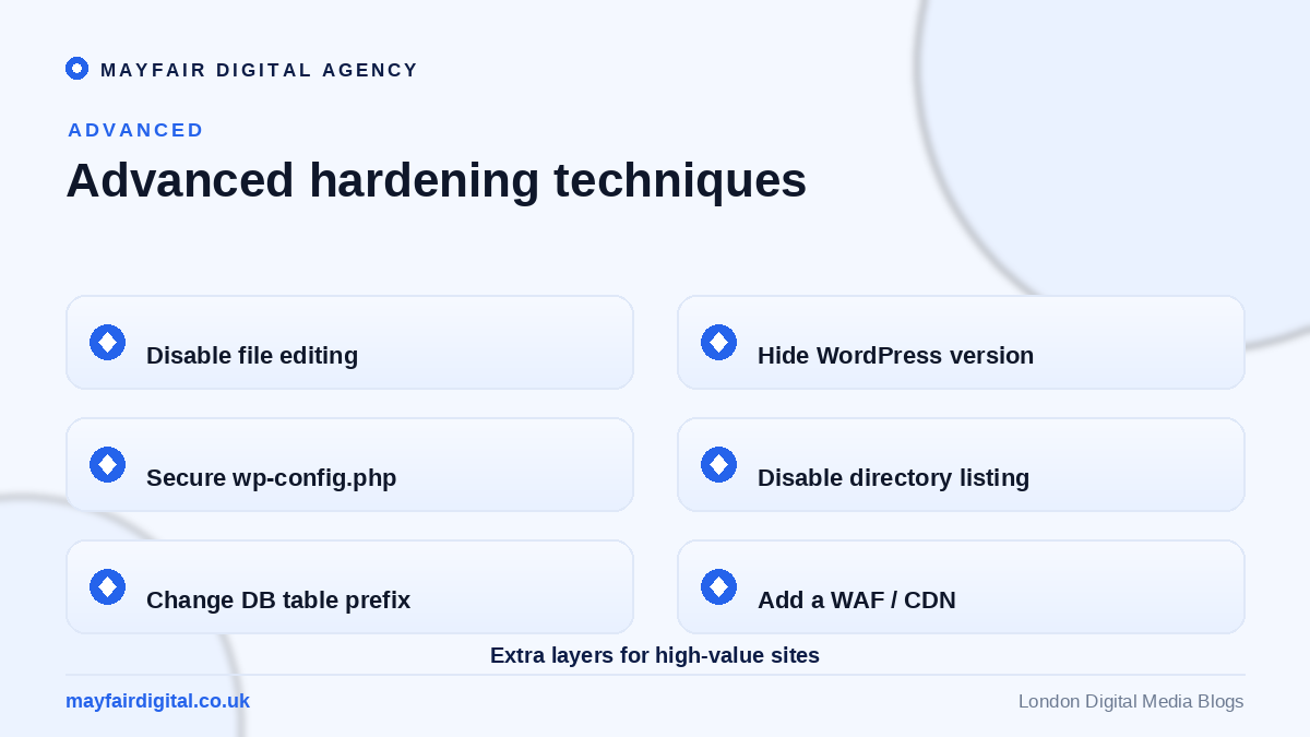 The Ultimate Guide: WordPress Security Tips Advanced WordPress hardening: disable file editing, hide version, secure wp-config, WAF, CDN