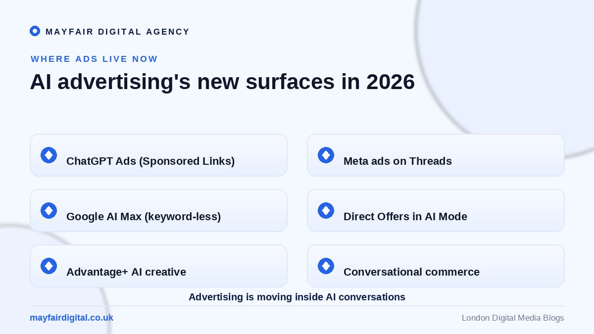 The AI Advertising Revolution: A Paradigm Shift in February 2026 AI advertising surfaces in 2026: ChatGPT Ads, Meta Threads, Google AI Max and Direct Offers
