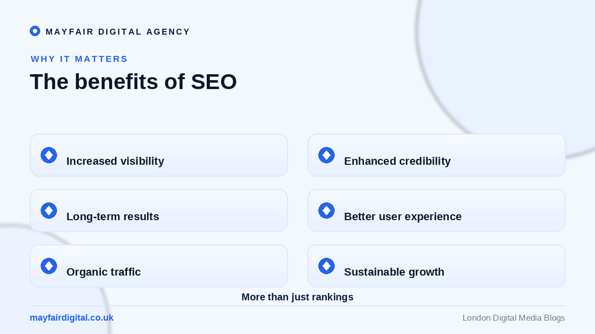 The Role of SEO in Building Your Online Presence Benefits of SEO: visibility, credibility, long-term results, user experience, organic traffic