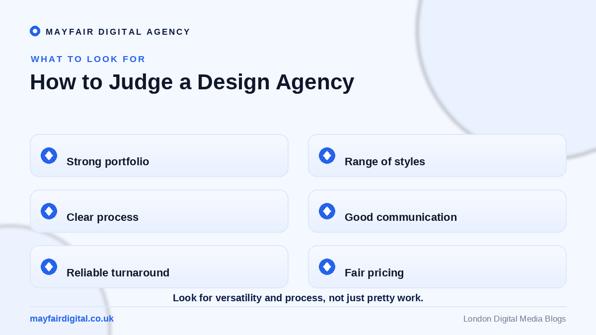 How to Choose the Right Graphic Design Agency for Business How to judge a design agency: portfolio, style range, process, communication, turnaround, pricing
