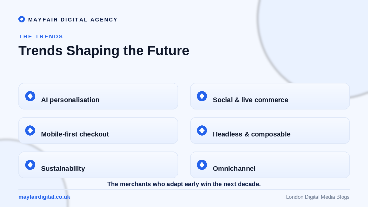 The Future of E-Commerce What Shopify Merchants Need to Know E-commerce trends: AI personalisation, social commerce, mobile, headless, sustainability, omnichannel