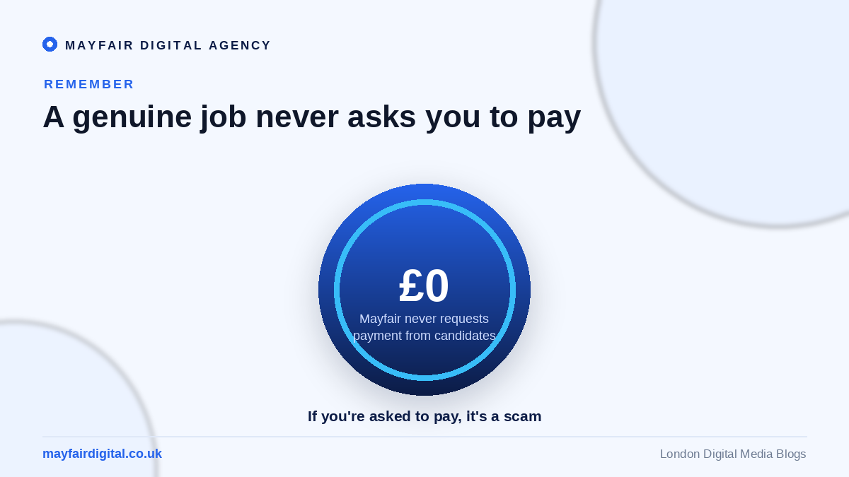 Public Service Announcement: Unauthorized Use of Mayfair Digital Agency's Name in Fraudulent Recruitment Schemes A genuine job never asks you to pay; Mayfair never requests payment from candidates