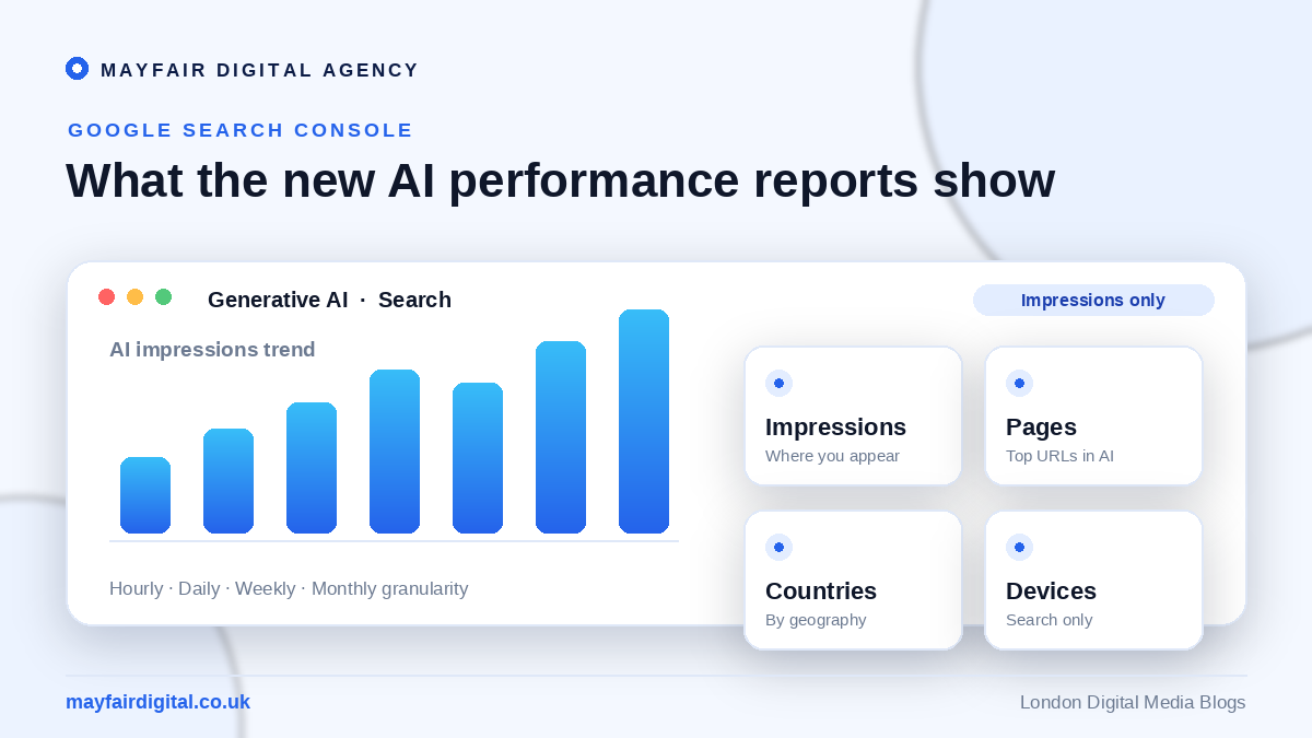 Google Search Console Enters the AI Era with New Performance Reports Google Search Console AI performance report showing AI impressions by pages, countries and devices