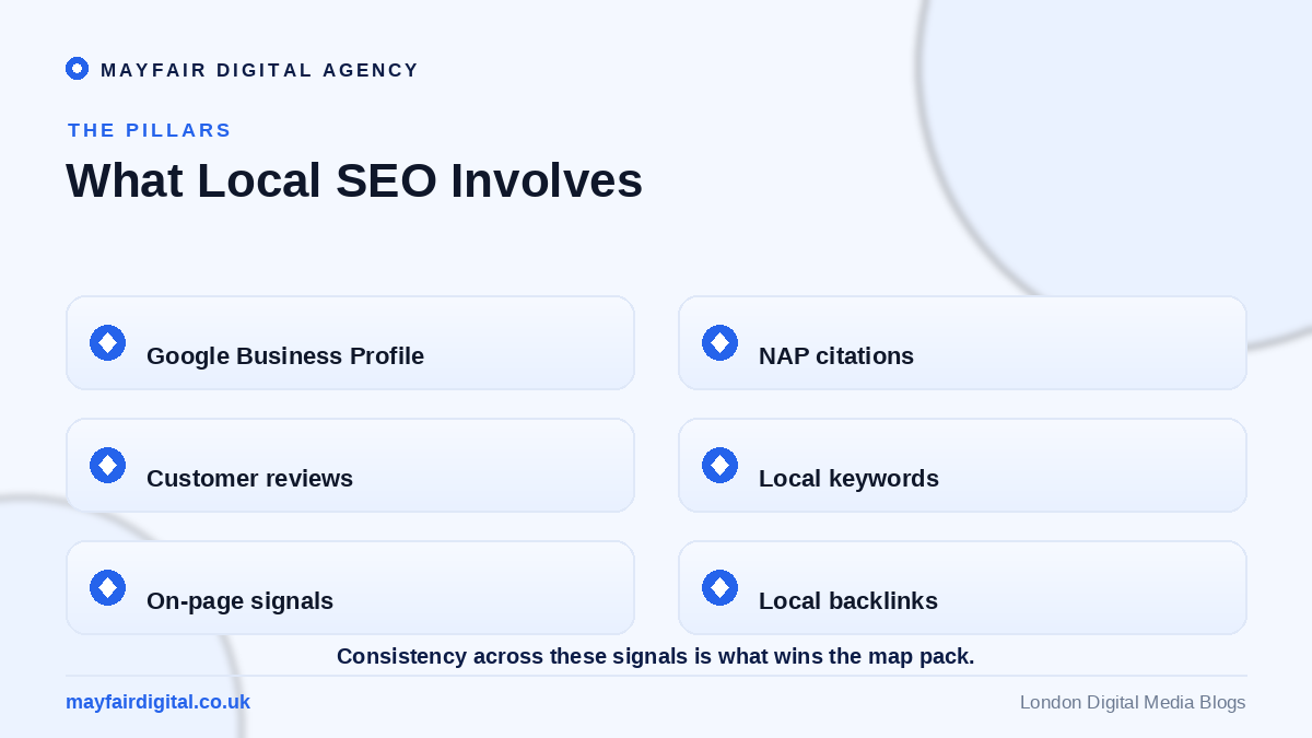 The Importance of Local SEO for Small Businesses Local SEO pillars: Google Business Profile, citations, reviews, local keywords, on-page, links