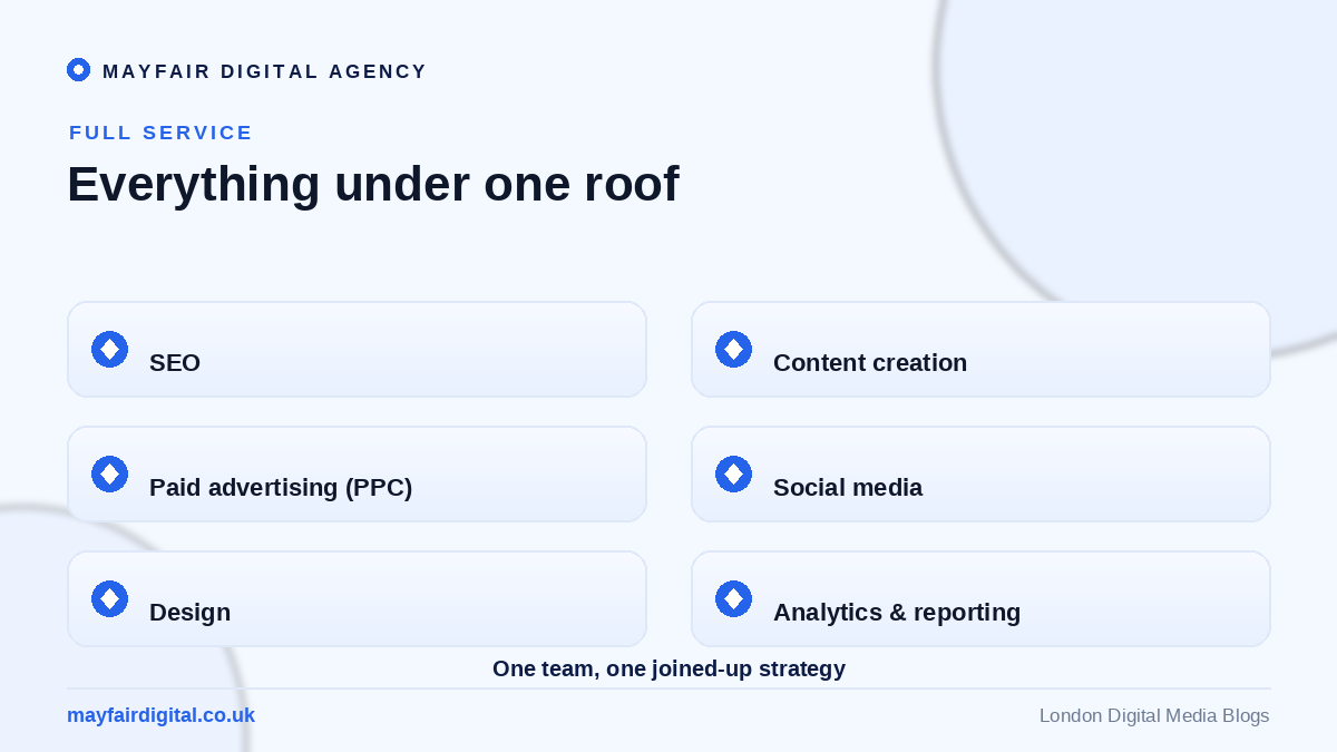 The Best Digital Media Agency: Mayfair Mayfair full-service capabilities: SEO, content, PPC, social, design, analytics