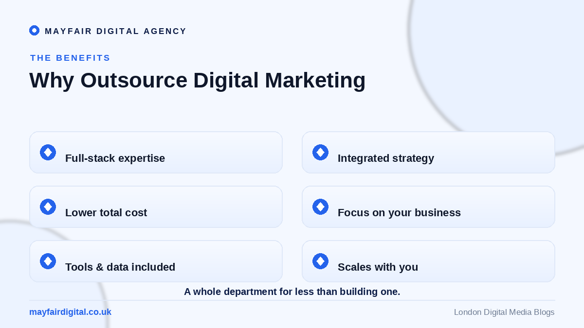 The Benefits of Outsourcing Your Digital Marketing to an Agency Benefits of outsourcing digital marketing: expertise, integrated strategy, cost, focus, tools, scale