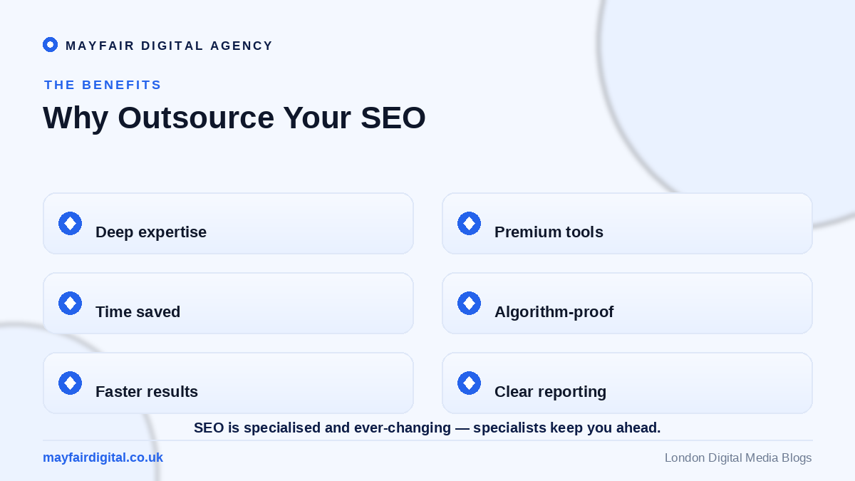 The Benefits of Outsourcing Your SEO to an Agency Benefits of outsourcing SEO: expertise, tools, time, algorithm-proof, faster results, reporting