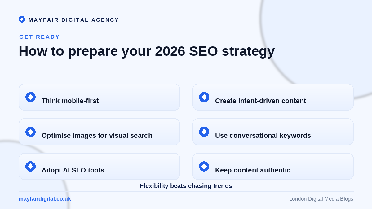 The Top SEO Trends to Watch Out for in 2026 How to prepare your 2026 SEO strategy: mobile-first, intent, visual, voice, AI tools, authentic