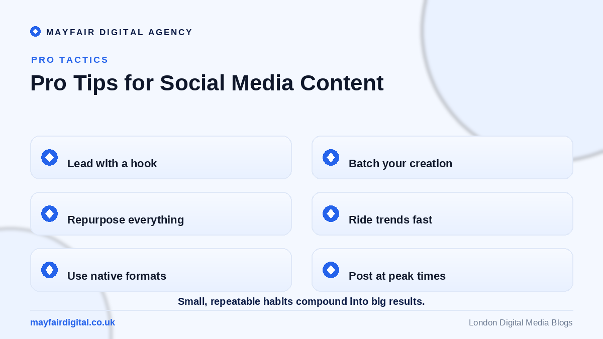 How to Create Engaging Content for Social Media Tips and Tricks from the Pros Pro tips: hook, batch, repurpose, ride trends, native formats, peak times
