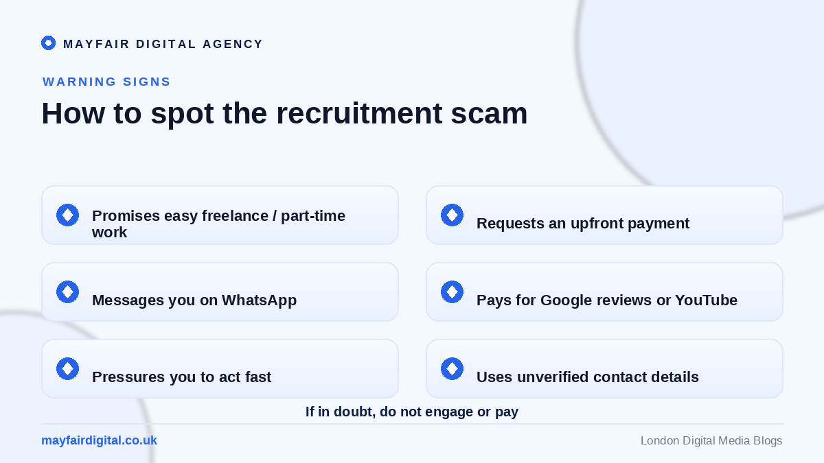 Public Service Announcement: Unauthorized Use of Mayfair Digital Agency's Name in Fraudulent Recruitment Schemes Warning signs of the recruitment scam: upfront payment, WhatsApp contact, pay-to-start tasks