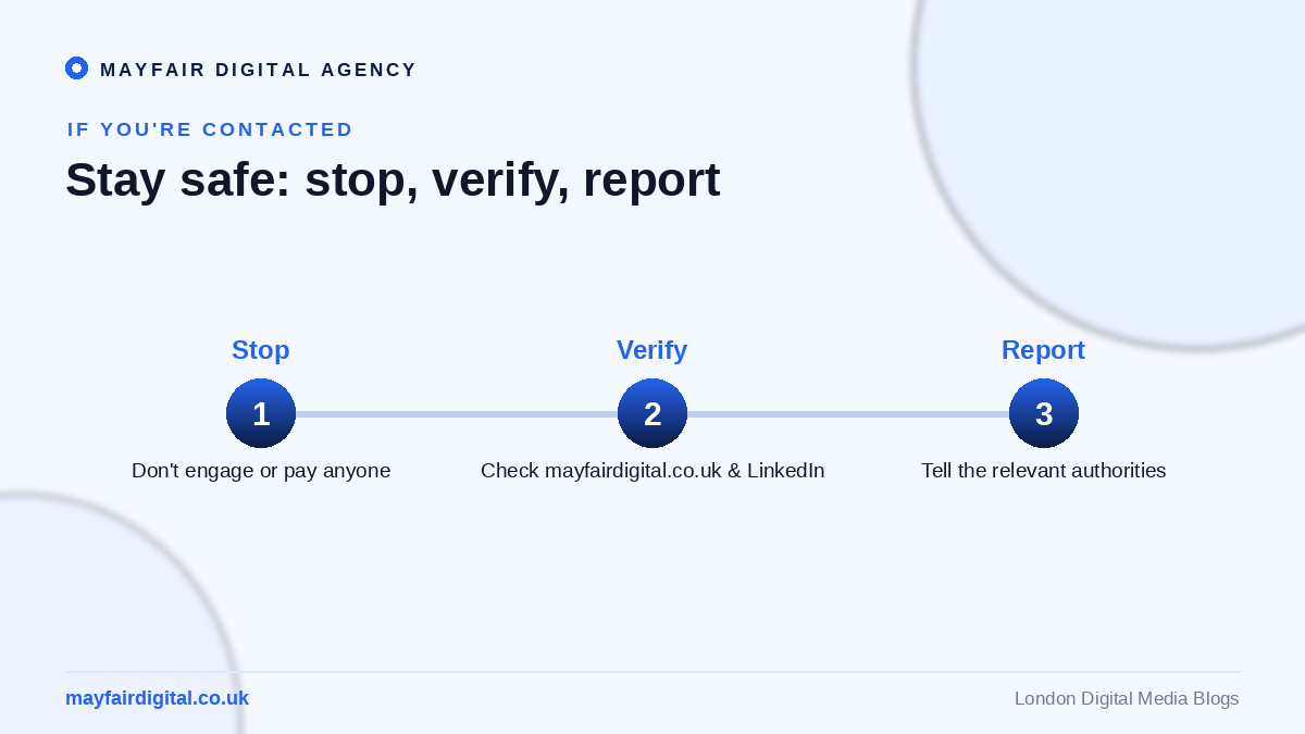 Public Service Announcement: Unauthorized Use of Mayfair Digital Agency's Name in Fraudulent Recruitment Schemes If contacted by the scam: stop and do not pay, verify via official channels, report to authorities