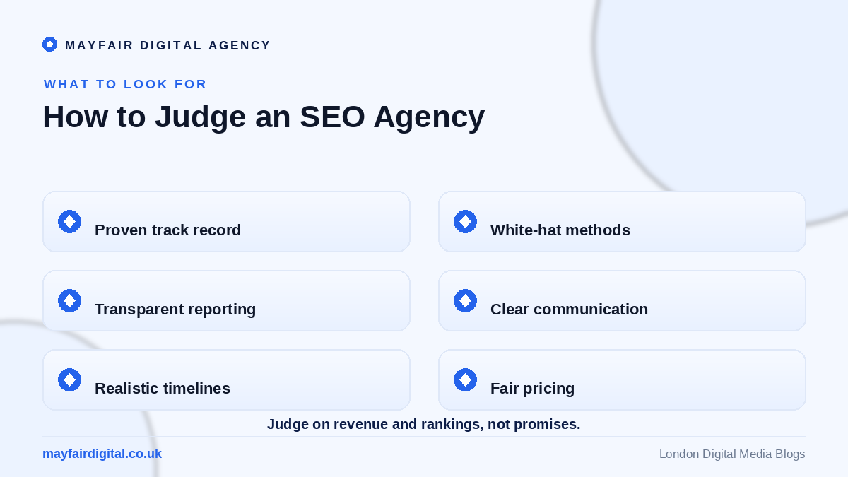 How to Choose the Right SEO Agency for Your Business How to judge an SEO agency: track record, methods, reporting, communication, timelines, pricing