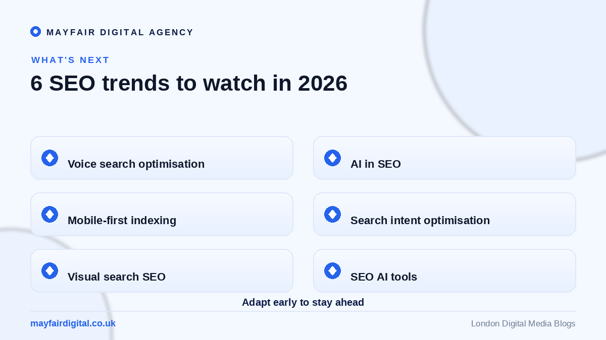 The Top SEO Trends to Watch Out for in 2026 Six SEO trends for 2026: voice search, AI, mobile-first, search intent, visual search, AI tools