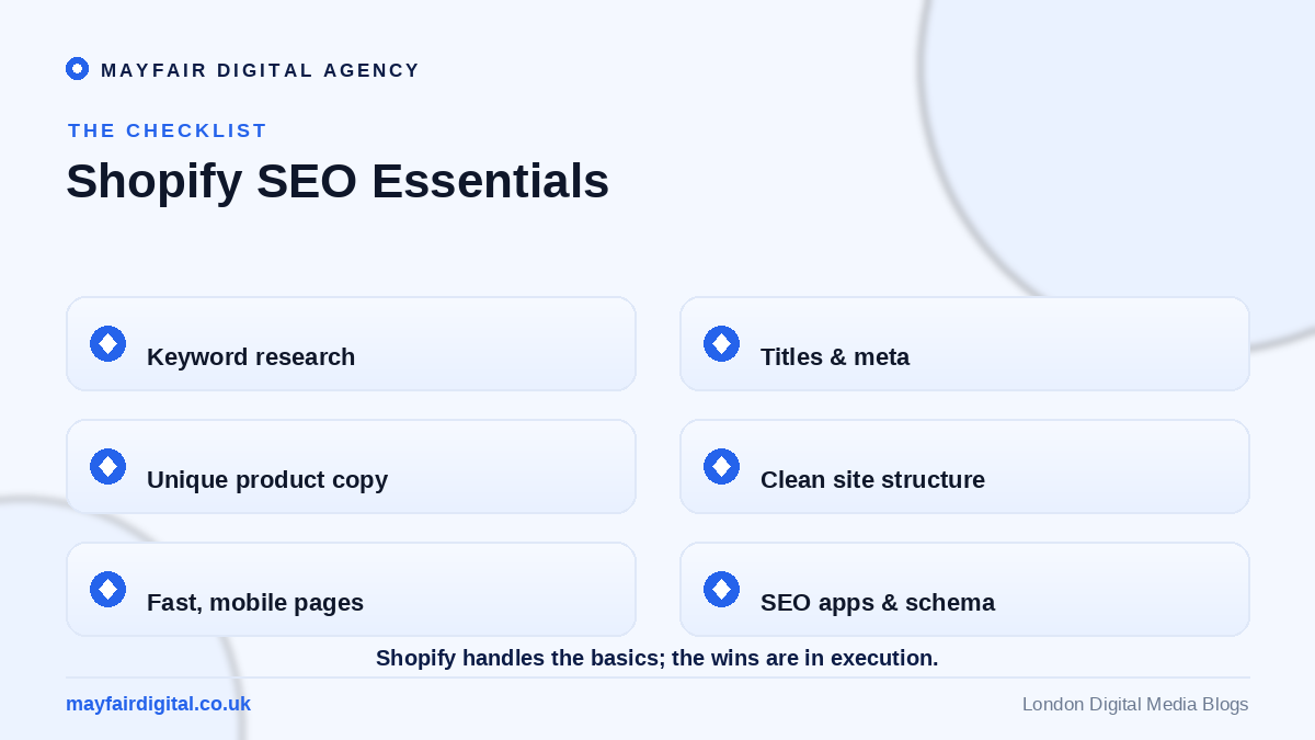 How to Optimise Your Shopify Store for SEO Shopify SEO essentials: keywords, titles, product copy, structure, speed, schema