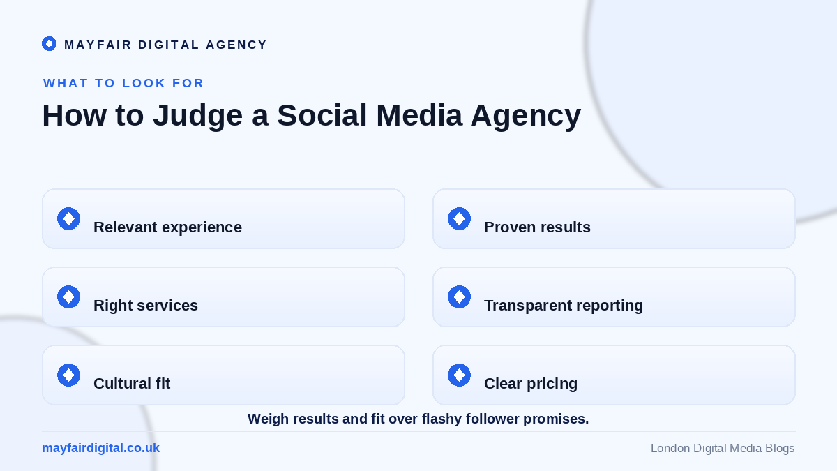 How to Choose the Right Social Media Agency for Business How to judge a social media agency: experience, results, services, reporting, fit, pricing