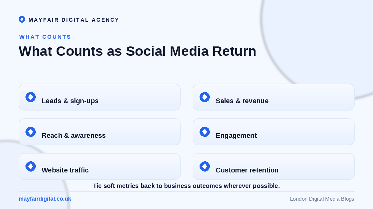 Social Media ROI: A Vital Task for an Agency What counts as social media return: leads, sales, reach, engagement, traffic, retention