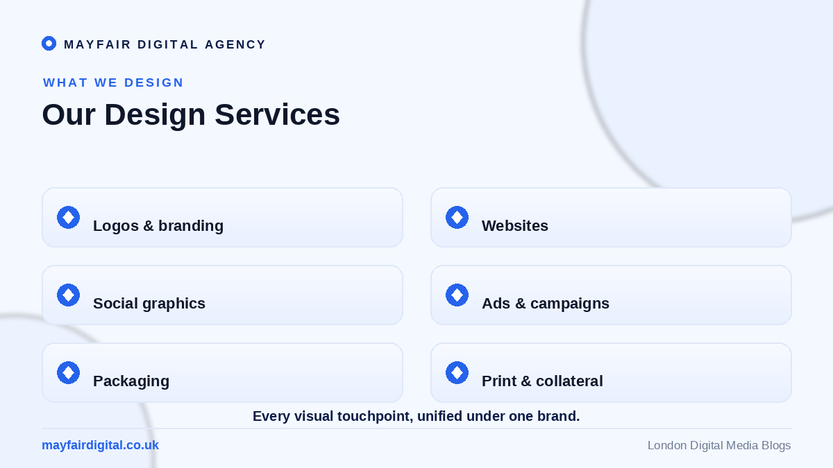The Top Graphic Design Agency: Mayfair Digital Agency Mayfair design services: logos, websites, social graphics, ads, packaging, print