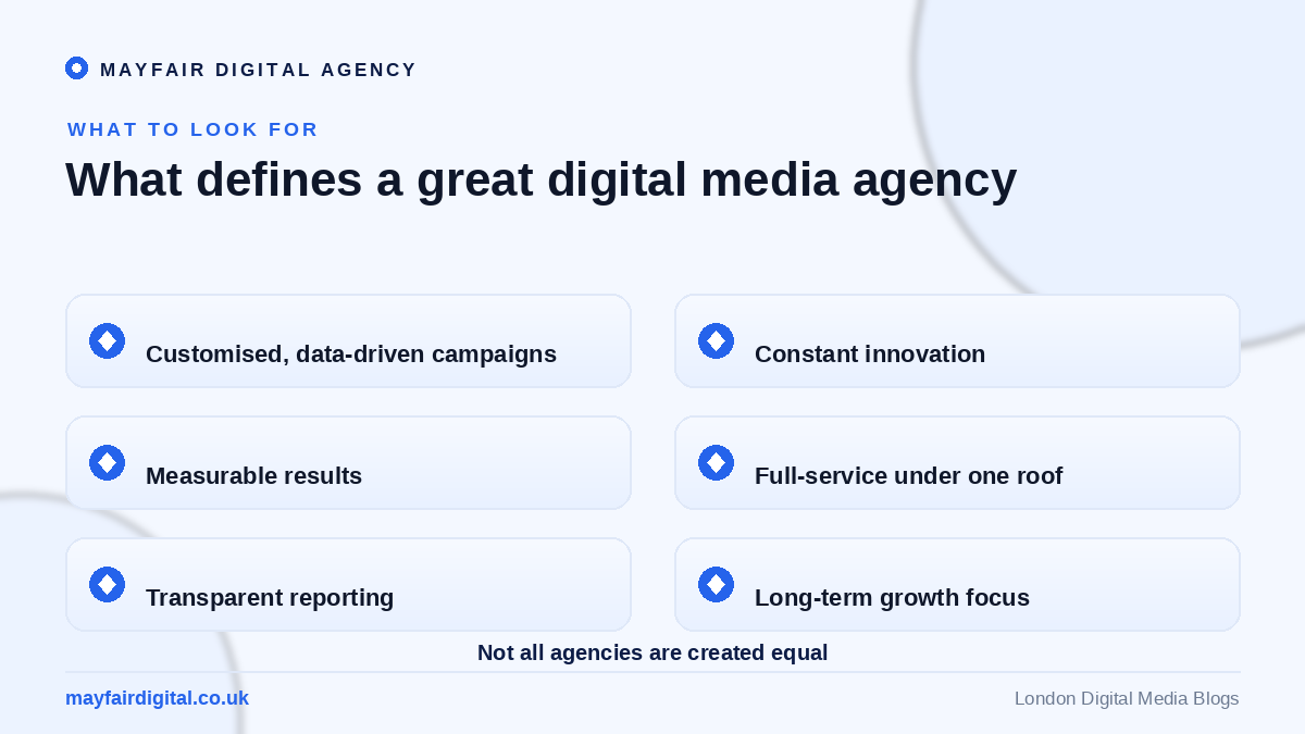 The Best Digital Media Agency: Mayfair What defines a great digital media agency: data-driven, innovative, measurable, full-service