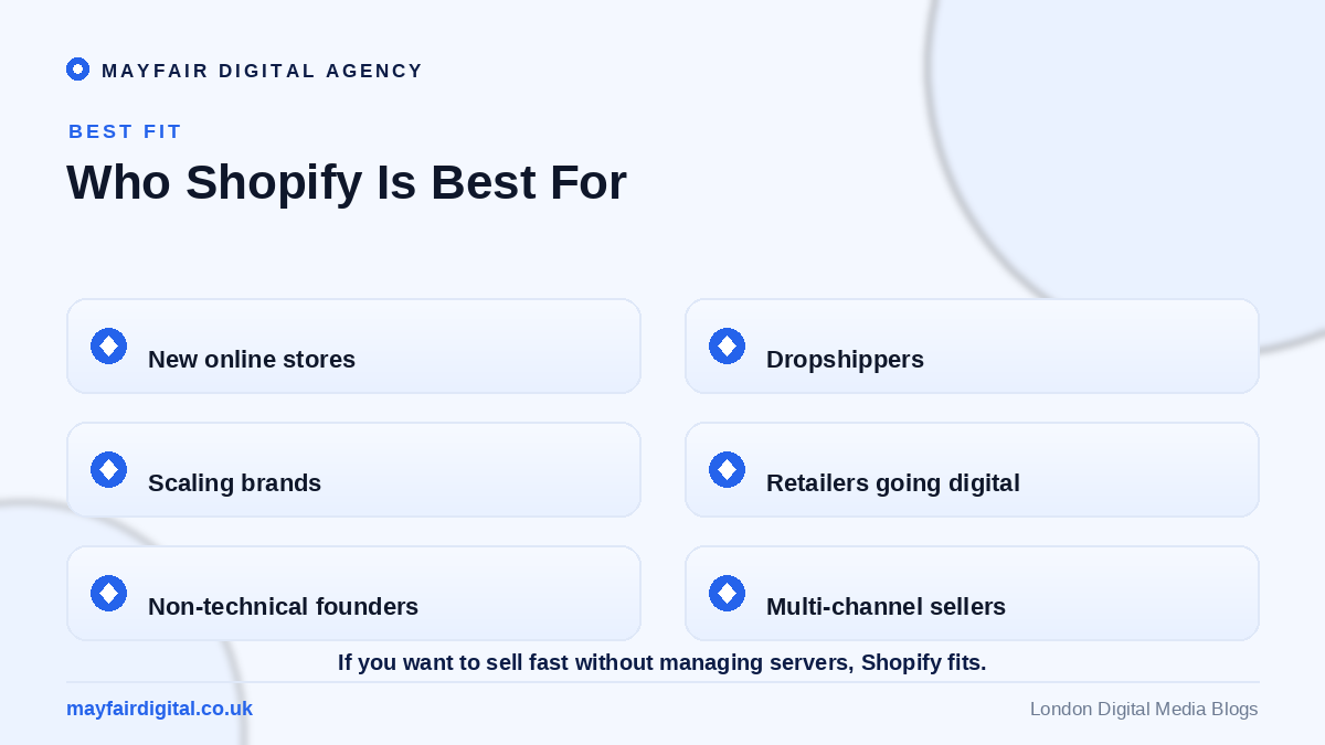 The Pros and Cons of Using Shopify for Your E-commerce Business Who Shopify is best for: new stores, dropshippers, scaling brands, retailers