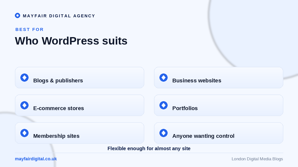 The Pros and Cons of Using WordPress for Your Website Who WordPress is best for: blogs, business sites, e-commerce, portfolios, membership