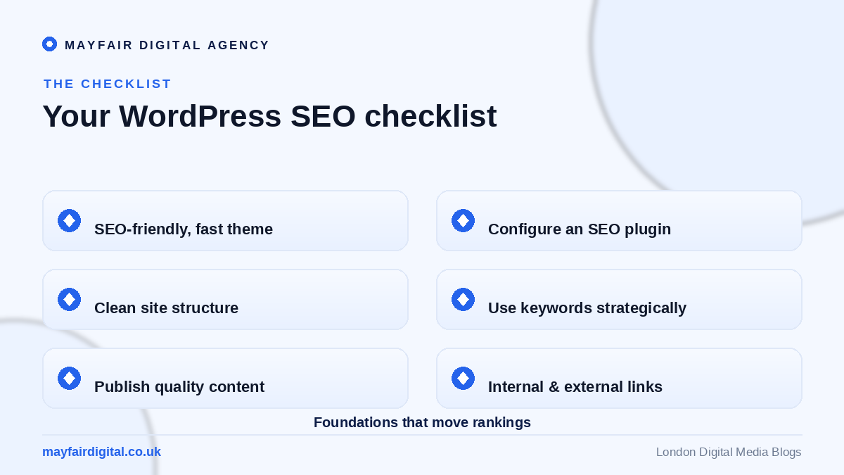 WordPress SEO Tips: How to Optimise Your Site for Search Engines WordPress SEO checklist: theme, plugin, structure, keywords, content, links